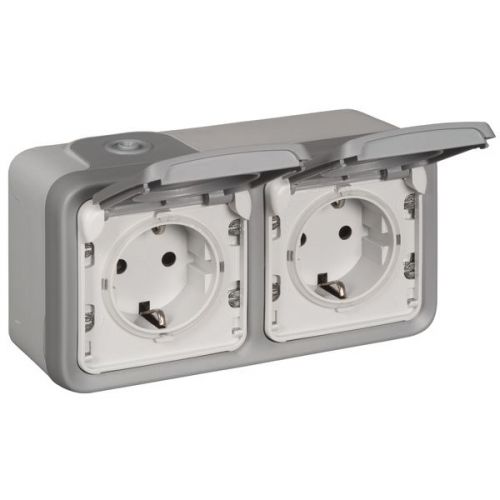 Sistema Plexo - Tomada dupla: 2 x 2P+T Schuko - Monobloco - IP 55 - Cinzento