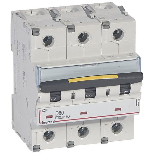 Disjuntores DX3 - 10000A/16kA - 3P - 400 V~ -  80A  -  curva D - 4,5 módulos