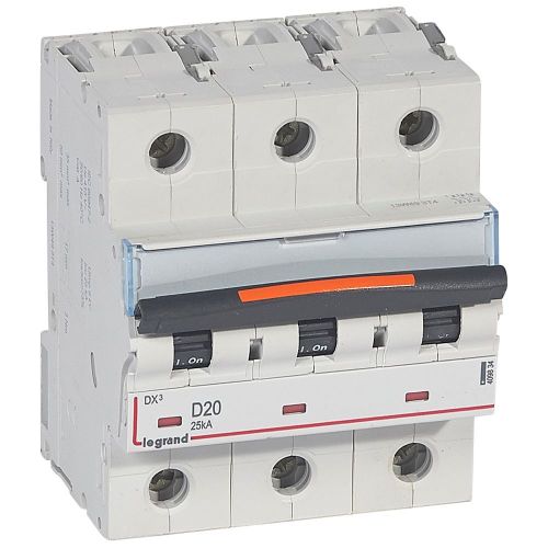 Disjuntores DX3 - 25kA - 3P - 400 V~ - 20 A - curva D - 4,5 módulos