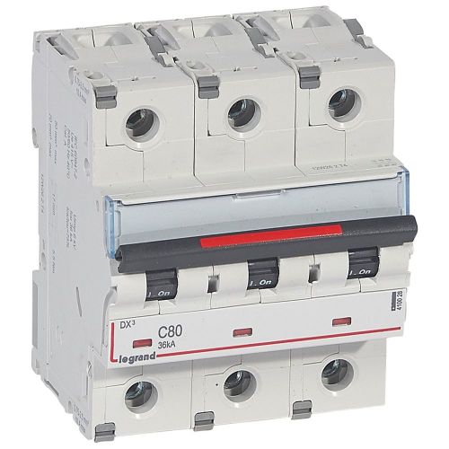 Disjuntores DX3 - 36kA - 3P - 400 V~ - 80 A - curva C - 4,5 módulos