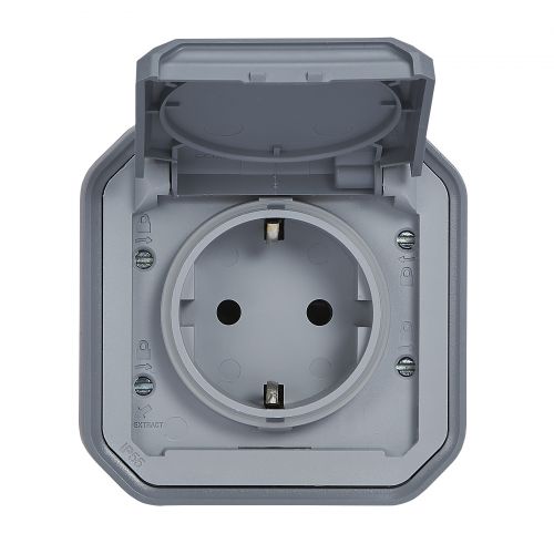 Plexo New IP55 monobloco saliente - Tomada 2P+T Schuko, lig. parafusos, Cinzento