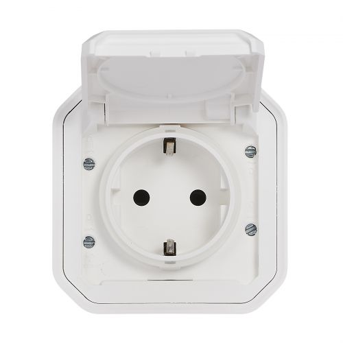 Plexo New IP55 monobloco saliente - Tomada 2P+T Schuko, lig. automáticos, Branco