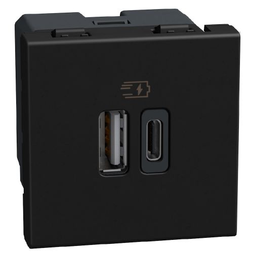 Light Now - Tomada carregadora dupla USB Tipo A+C (15W) - 2 módulos - Dark