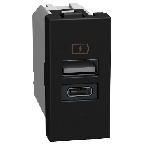 Light Now - Tomada carregadora dupla USB Tipo A+C (15W) - 1 módulo - Dark