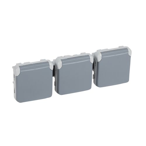 Sistema Plexo - Tomada 3 x 2P+T Schuko Horizontal - IP 55 - IK 07 - Cinzento