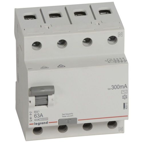 RX3 Interruptor diferencial 4P 63A 300mA 400V~. Tipo AC, 4mód. Neutro a direita.