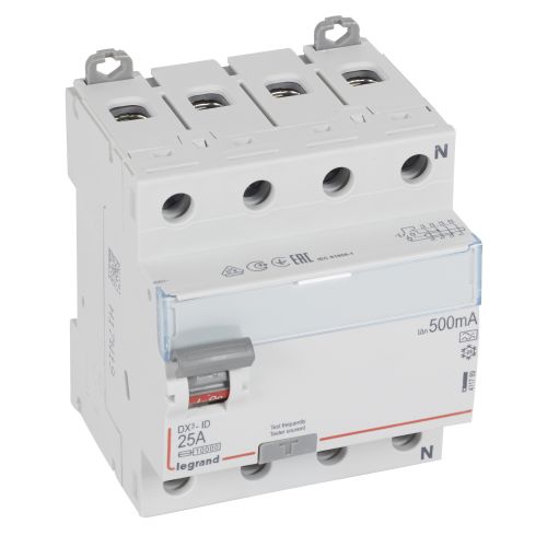 DX³-ID - Interruptor diferencial - 4P -25 A - 500 mA - Tipo A - Neutro à direita