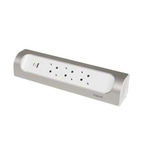 Bloco multitomadas angular - 3 x 2P+T com USB A+C - sem cabo - Branco/Alumínio