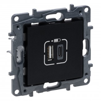Tomada dupla USB: 1 Tipo-A + 1 Tipo-C - Preto